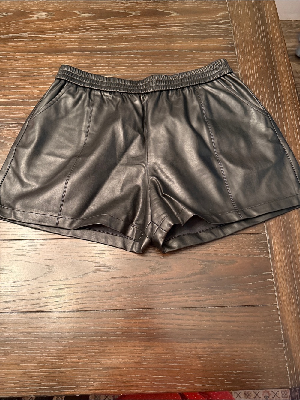 Women’s Black Faux Leather Elastic-Waist Shorts